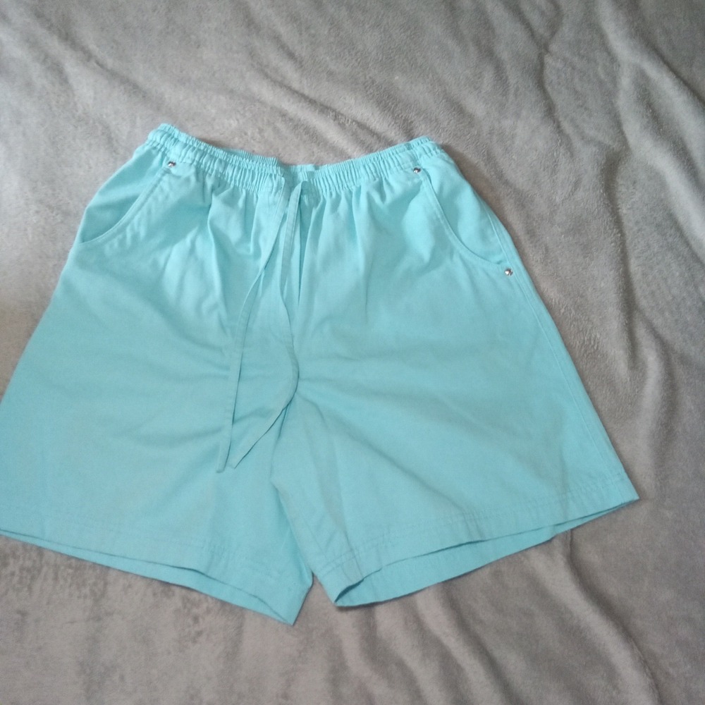 Studio Works Womens Aqua Blue Elastic Waist Drawstring Pockets Shorts Size 10